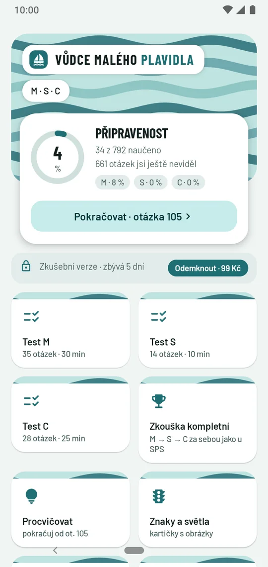 Úvodní obrazovka aplikace s kruhem připravenosti a dlaždicemi Test M, Test C, Zkouška kompletní