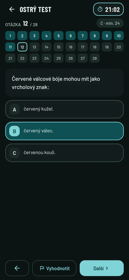 Probíhající test s časomírou a přehledem otázek